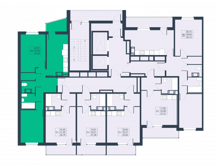 Двухкомнатная квартира 54.35 м²