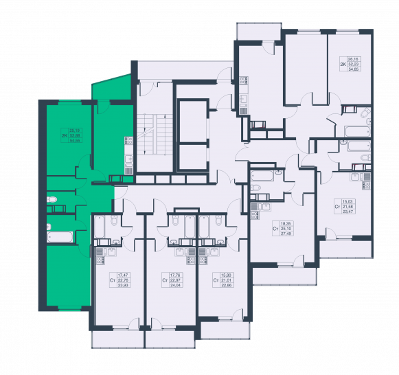Двухкомнатная квартира 54.55 м²
