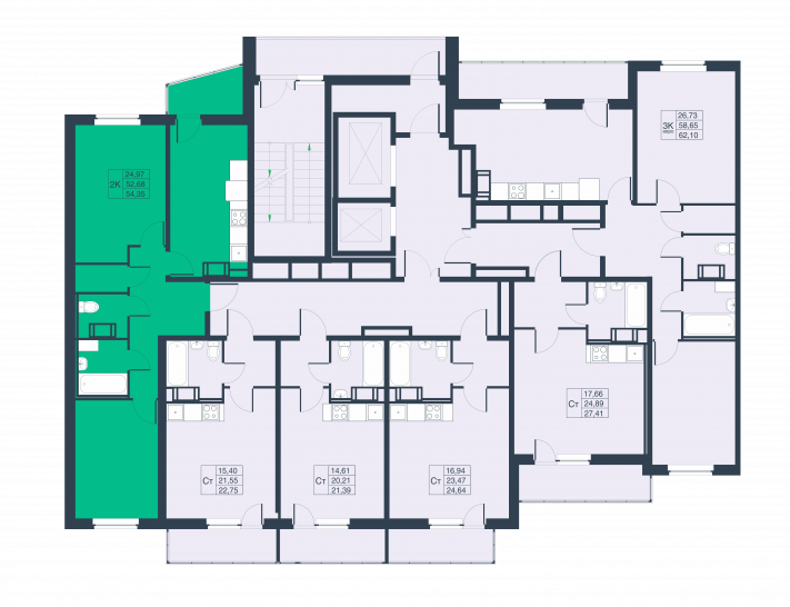 Двухкомнатная квартира 55.64 м²